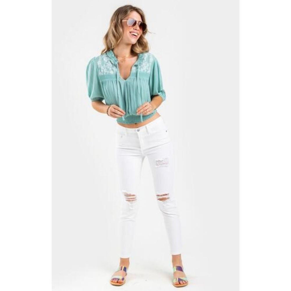 Francesca's Sage Embroidered Blouse Size Large